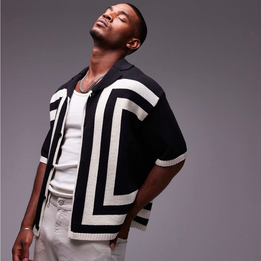 Topman knitted crochet vertical stripe button through shirt in black